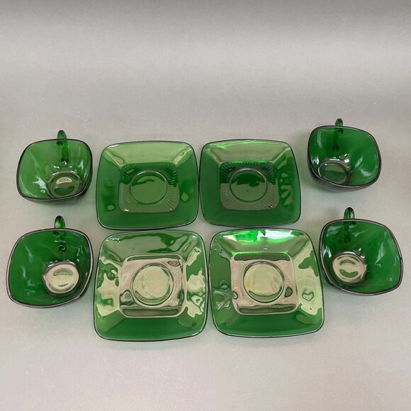 Fire King Anchor Hocking Square Cup & Saucers Charm Forest Green Glass Lot of 8 - Picture 9 of 9